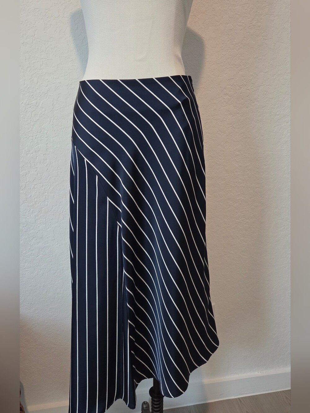 Worthington Navy and White Asymmetrical Stripe Midi Skirt